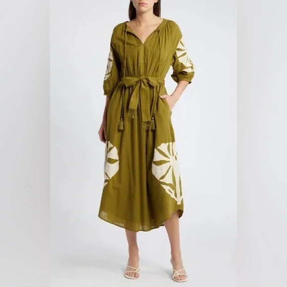 ANTHROPOLOGIE by CIEBON Tiana Embroidered Cotton Midi Dress In Green/tan  NWT